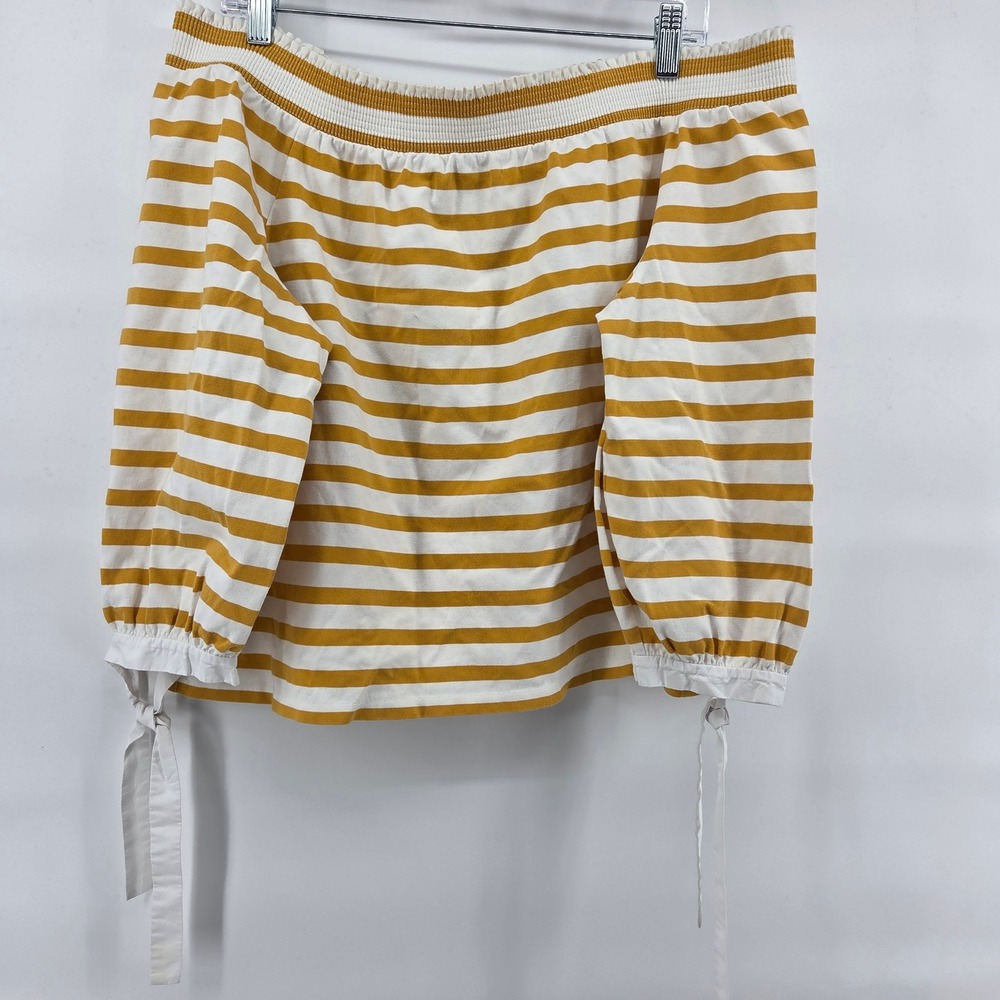 J.Crew Off Shoulder Top XL Yellow White Striped Tie Sleeve Coastal‎ Preppy
